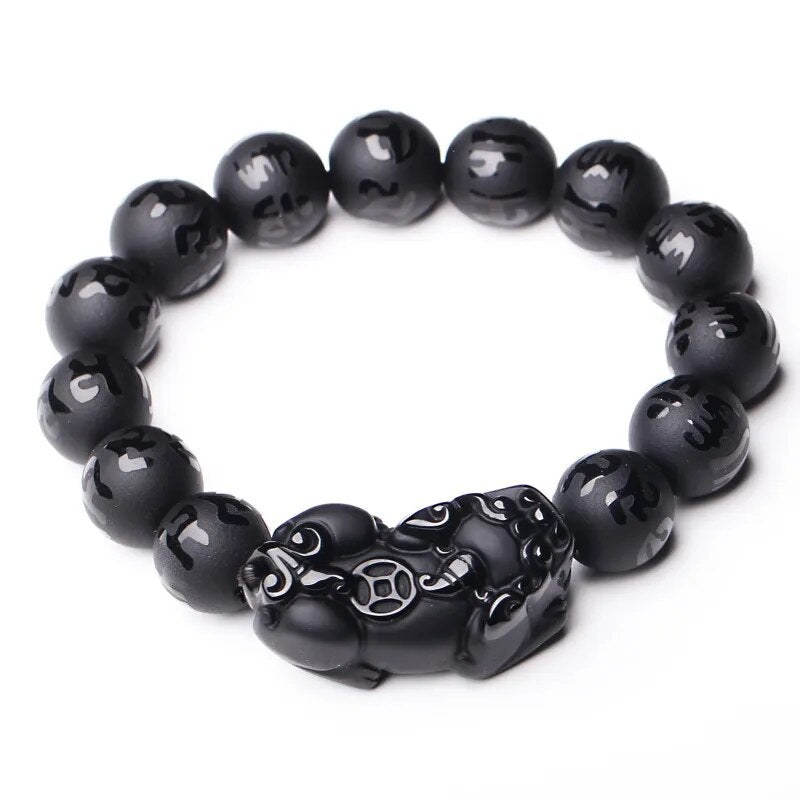 Natural Obsidian Fengshui  Beaded Bracelet Men Women Black  Brave Troops Six-word Mantra Bead Bangle Lucky Amulet Gift