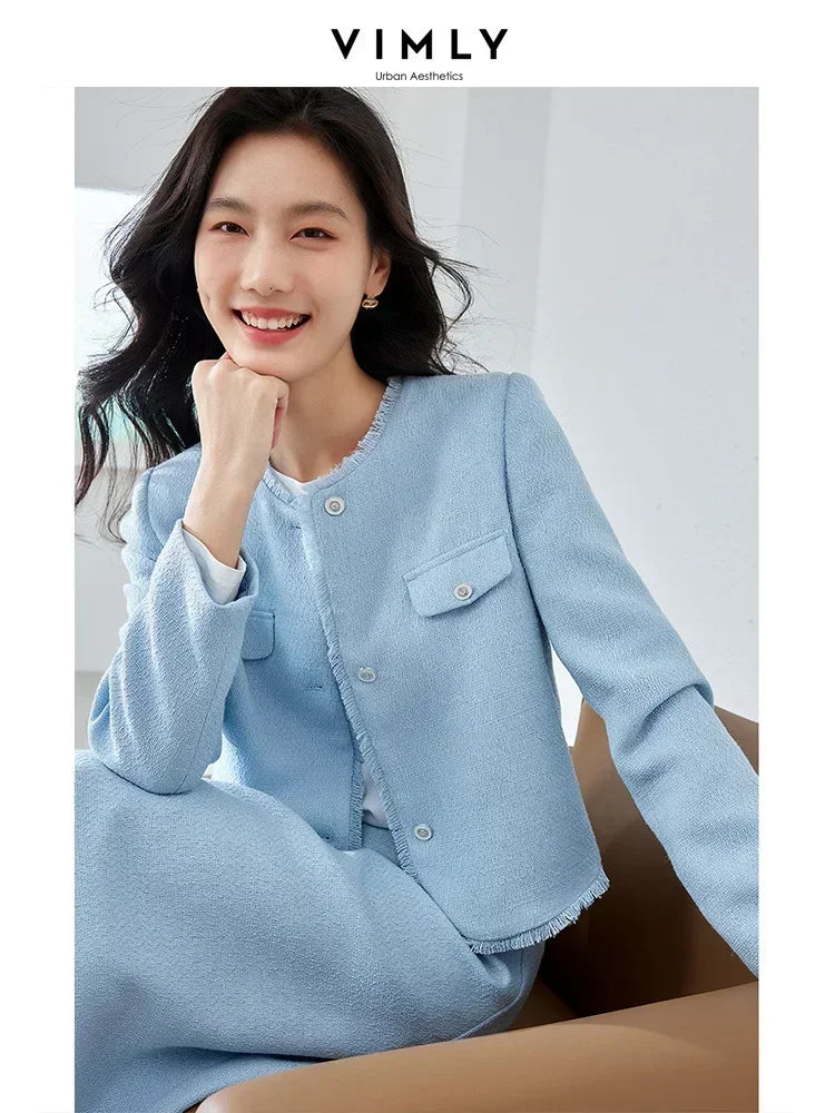 Vimly Elegant Blue Tweed Suit 2 Piece Set for Women Spring Outfits Cropped Jackets Elastic Waist Midi Skirt Matching Sets M3025