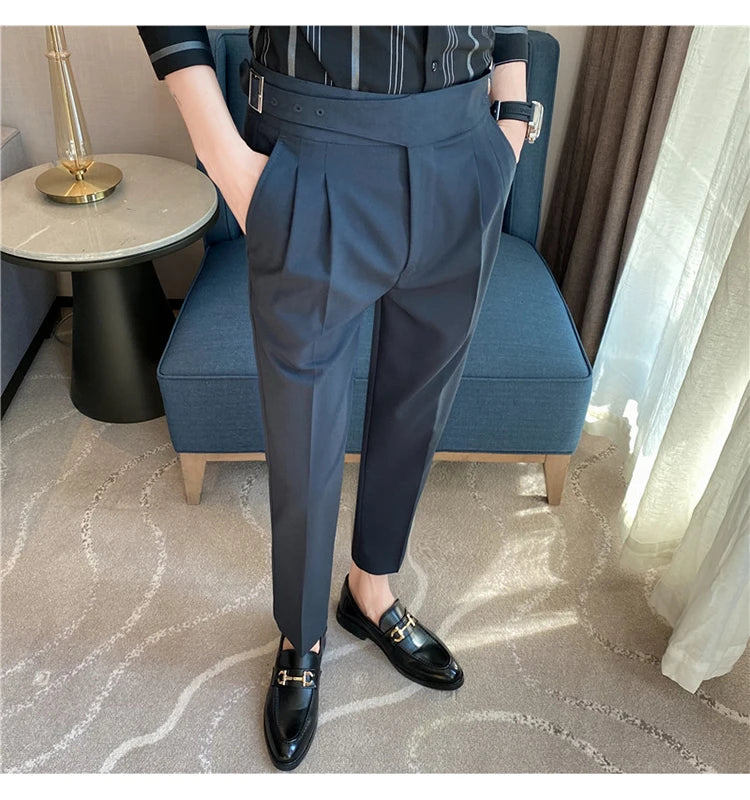 British Style Men High Waist Casual Dress Pant Men Belt Design Slim Trousers Formal Office Social Wedding Party Dress Suit Pants