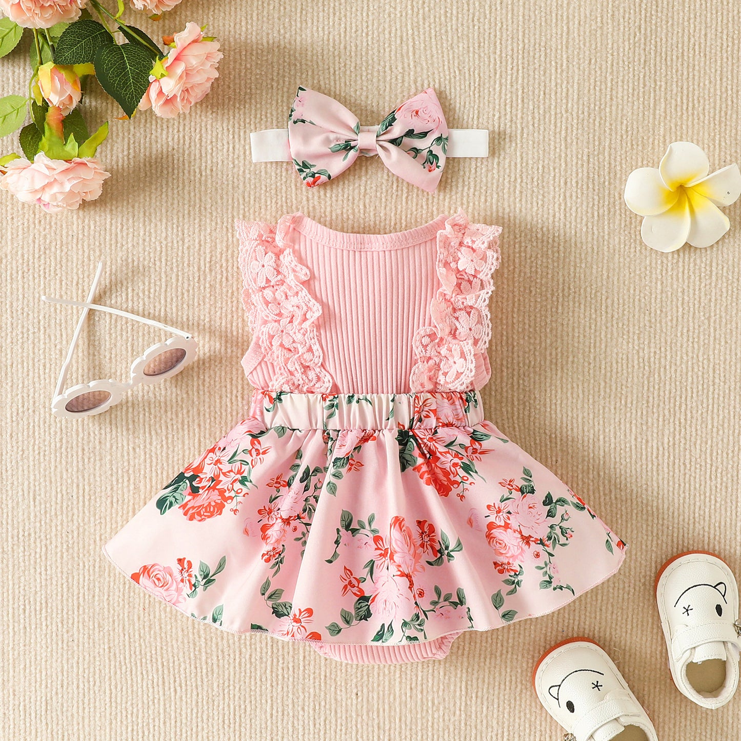 2pcs Infant Baby Girls Romper Dress Patchwork Flower Print Lace Sleeveless/Long Sleeve Crew Neck Front Bowknot Jumpsuit Headband