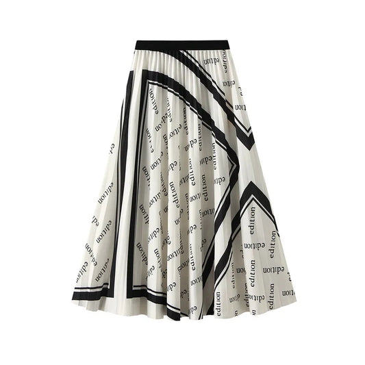 مجموعة أروين التجارية ARWEN & AJH GROUP  Version Half Length Skirt, Elastic Waist, Mid Length, Large Swing Umbrella, Hundred Pleated Letter Printing, Autumn