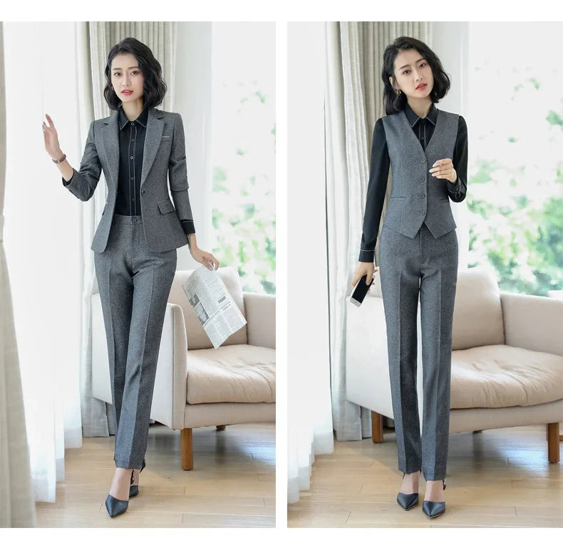 Spring Black Gray Blazer Set for Women Uniform Lady Work Outfit with Skirt Office Suits Female Formal Elegant 2 PCS