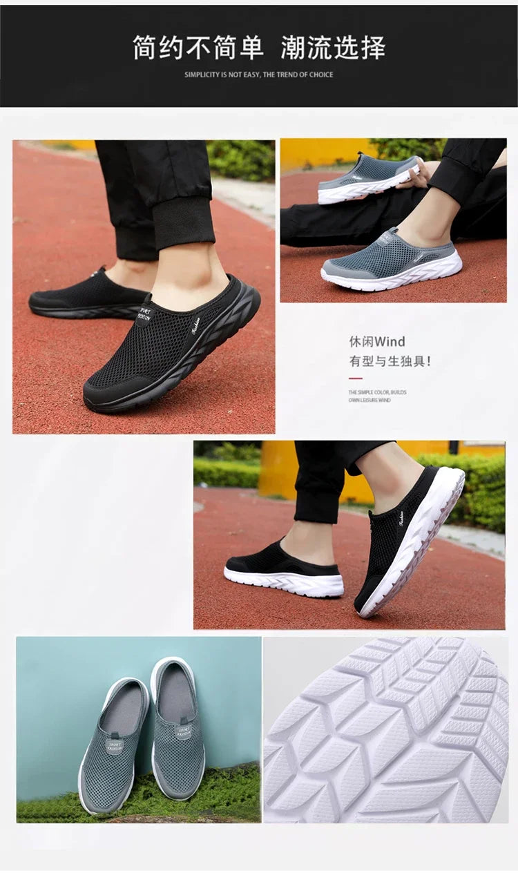 YRZL Men Half Slipper New Style Lat-soled Wild Flat-bottomed Summer Breathable Mesh Thin Section Baotou Slippers Man