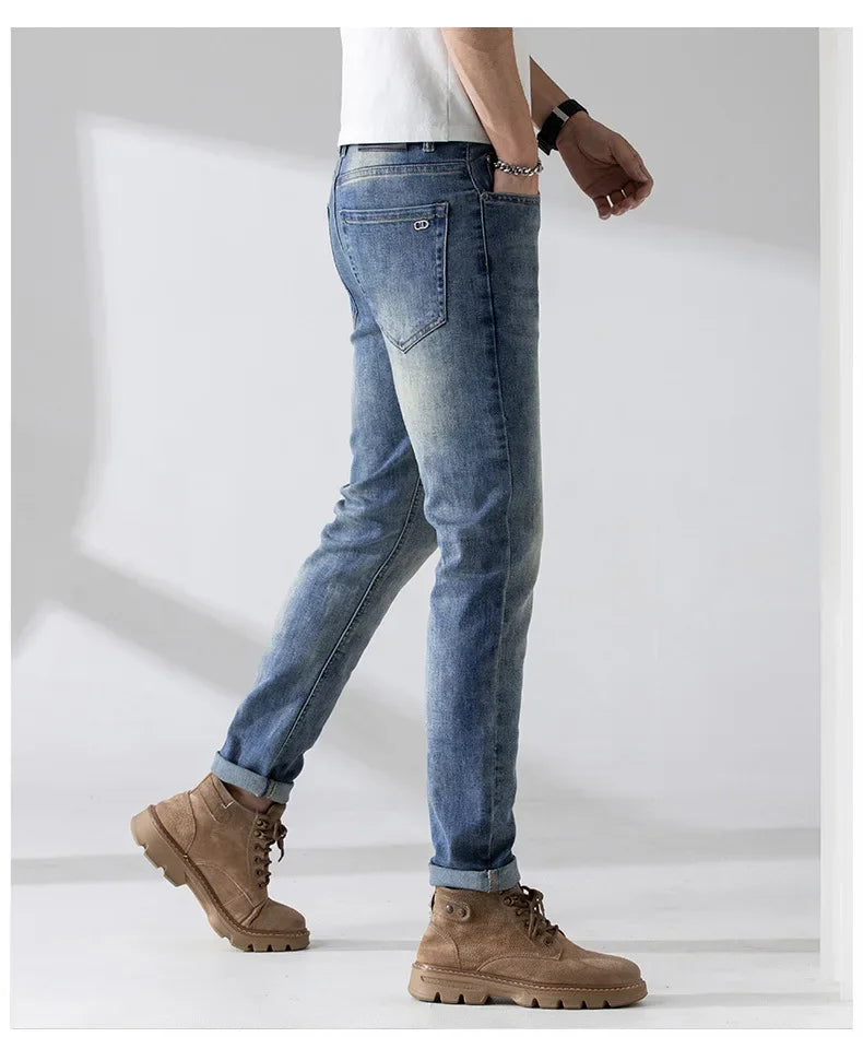 Spring Summer New High End Jeans Men's Elastic Slims Smooths Your Silhouette Casual Fashionable Trendy Denim Trousers