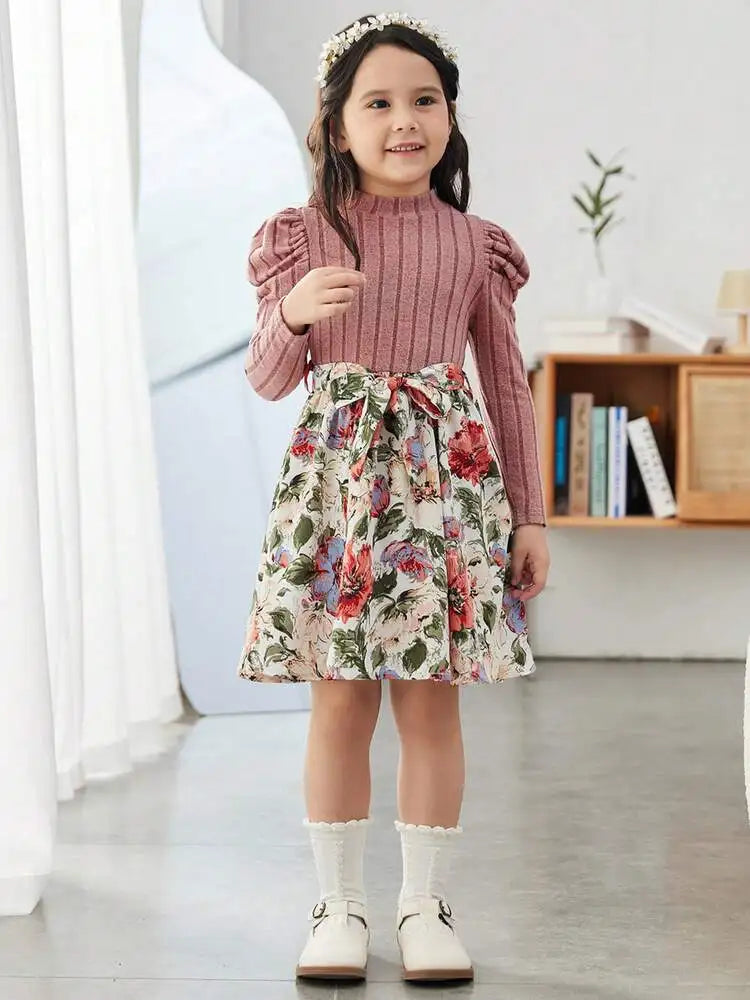 Autumn new girls floral print puffs sleeve east with fashion casual dress