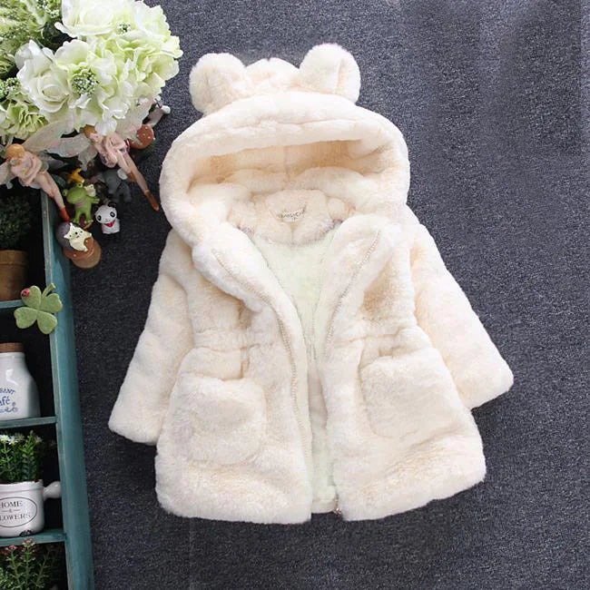 Winter Plush Imitation Fur Girls Jacket Keeping Warm Hooded Outerwear For Kids 1-8 Years Christmas Present Children Coat