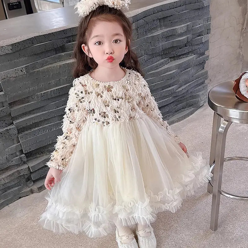 ARWEN & AJH GROUP Winter New Girl's Dresses 2024 With Tassels Sequins Studded Beads Plush And Thickened Princess Dress Birthday Dress With Bow