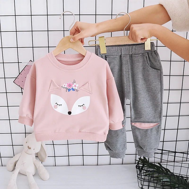 Baby Girls Clothes Sets Cartoon Fox Autumn Spring Long Sleeve Top and Pants Suits Children Sweater Tracksuit Teenage Loungewear