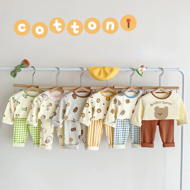 2024 Korean Ins Kids Loungewear Outfit Set Cotton Autumn Pants Boys Girls Pajamas Baby Winter Indoor Clothes 0 To 24 Months