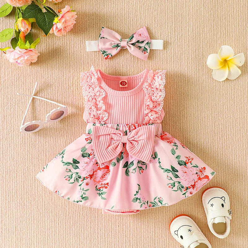 2pcs Infant Baby Girls Romper Dress Patchwork Flower Print Lace Sleeveless/Long Sleeve Crew Neck Front Bowknot Jumpsuit Headband