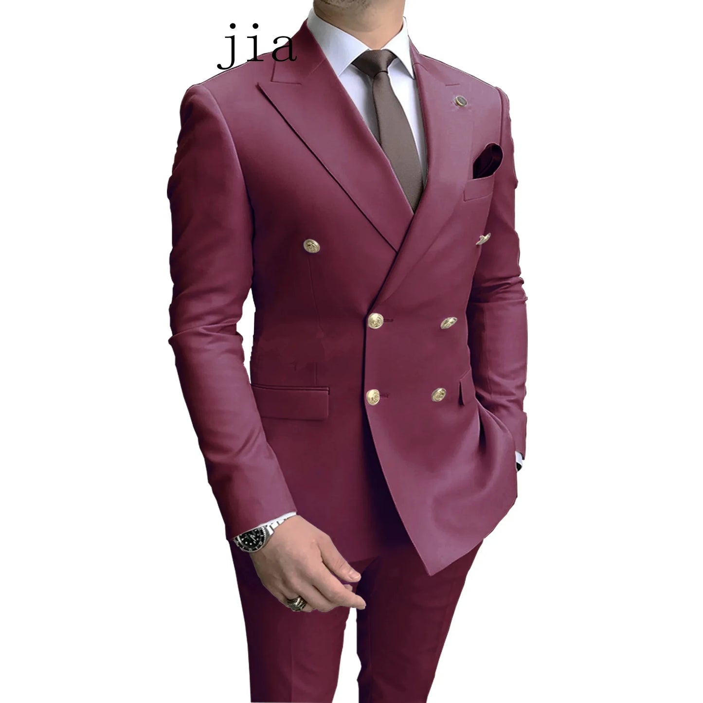 مجموعة اروين ARWEN GROUP AJH 2024  2024 Fashion New Men's Business Double Breasted Solid Color Suit Coat / Male Slim Wedding 2 Pieces Blazers Jacket Pants Trousers