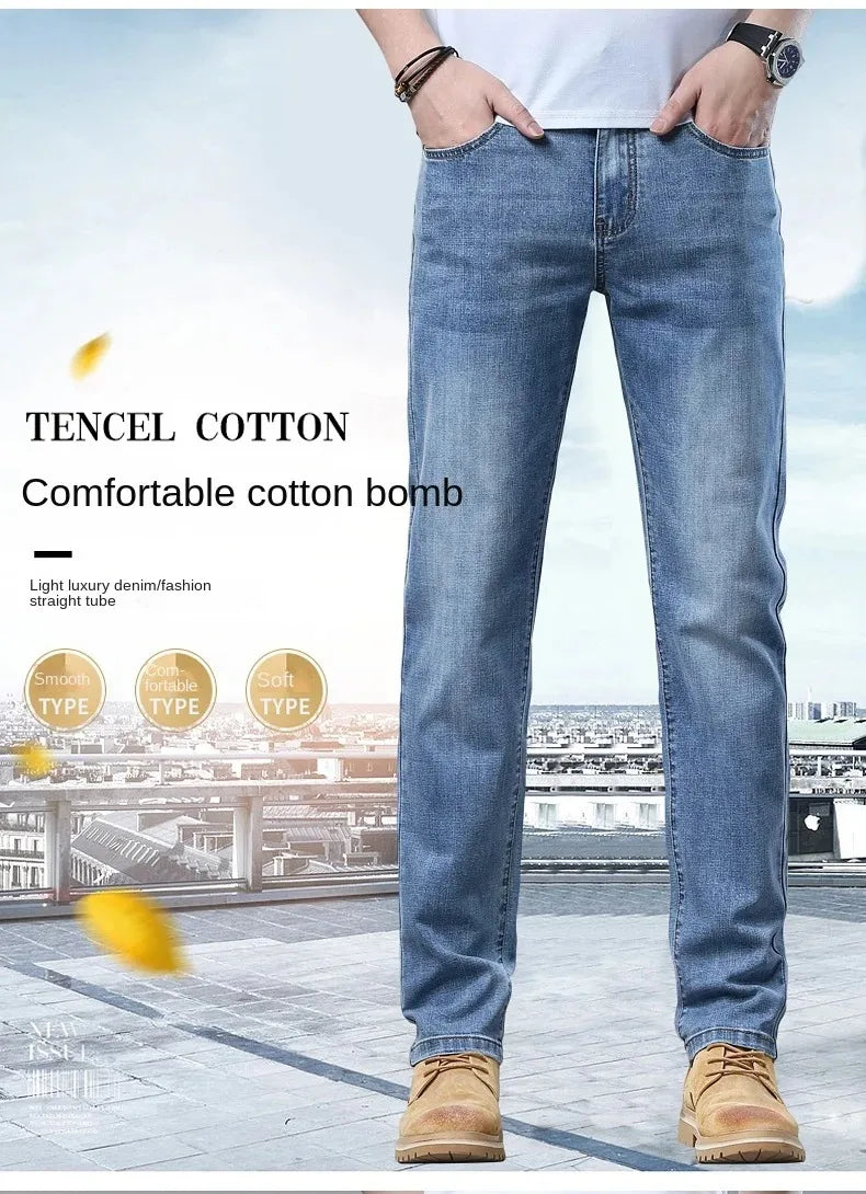 New in Men's Straight Jeans Summer Thin Casual Stretch Fashion Business Casual Denim Pants Straight Classic Male Trousers