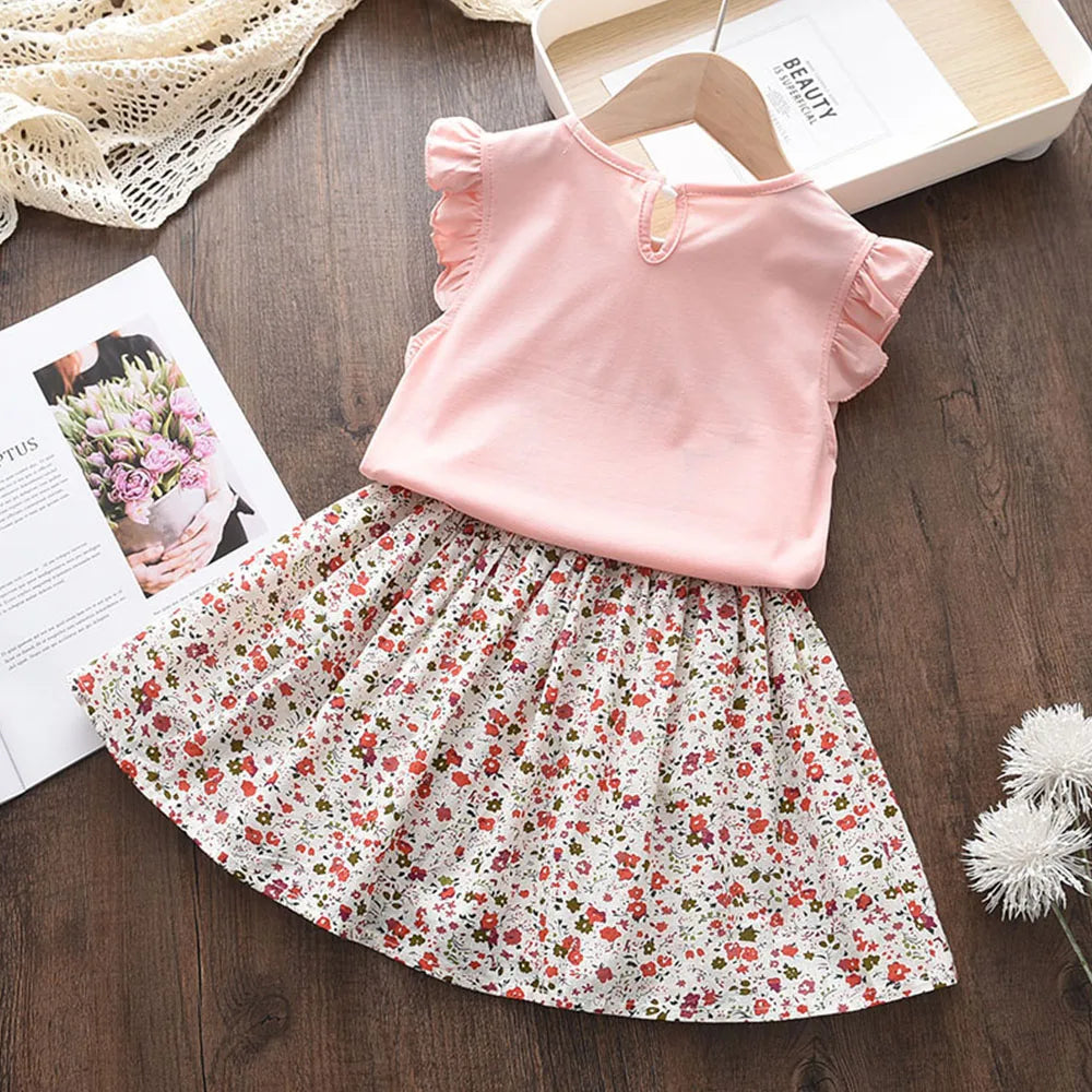 Bear Leader Summer 2Pcs Girls Clothes Sets Floral Cartoon Kids Ruffle Sleeve Top and Skirt Outfits Casual Girls Boutique Outfits