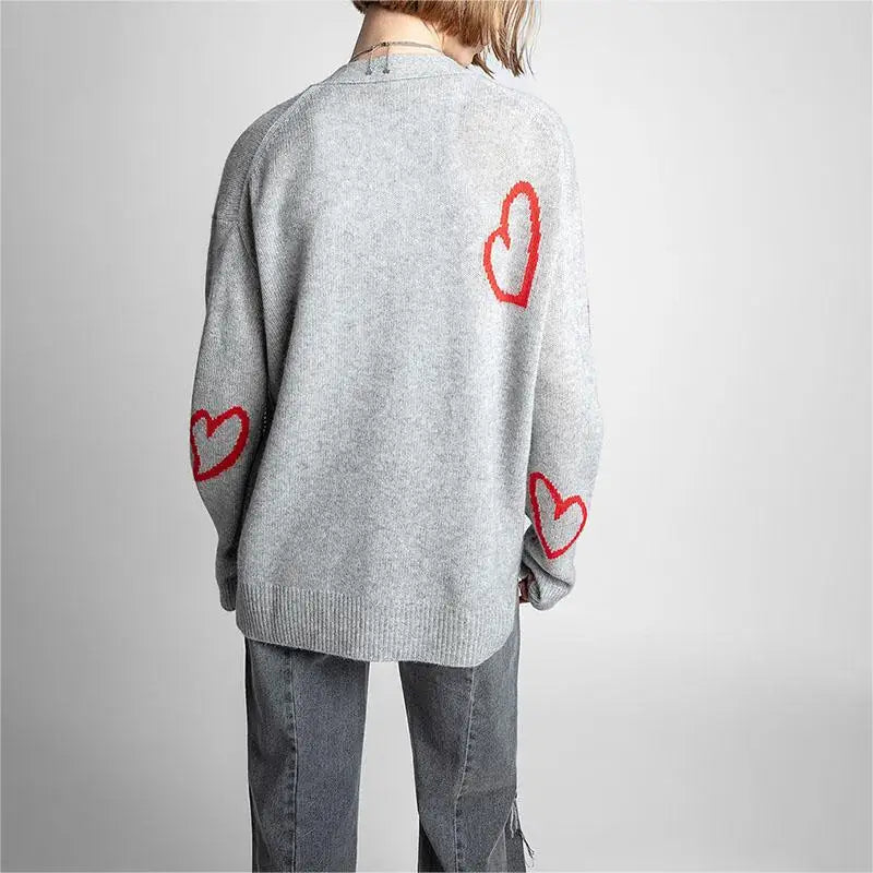 Zadig Cashmere Sweaters Women Loose Winter Cardigans Sweater Female New Fashion Grey Red Love Jacquard Casual V Neck Sweater Top