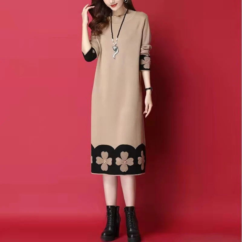 Female Black Knitted Cotton Floral Midi Sweater Dress Autumn Winter Long Sleeve Thick Warm Dress 2024 Korean Vintage Party Dress