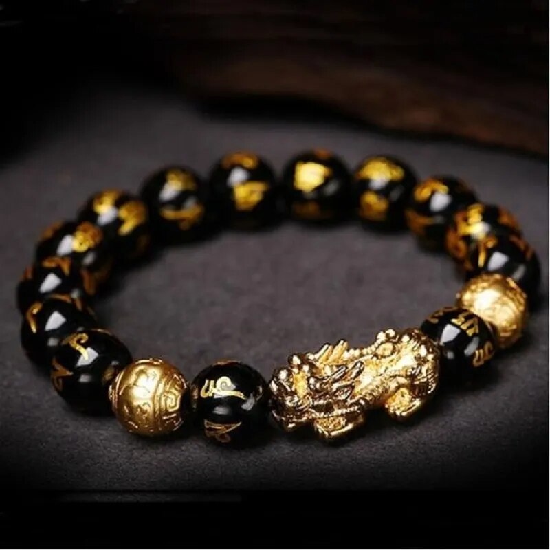 2PCS Feng Shui Black Obsidian Wealth Bracelets for Women Men Obsidian Stone Beads  Character Bracelet Lucky Jewelry