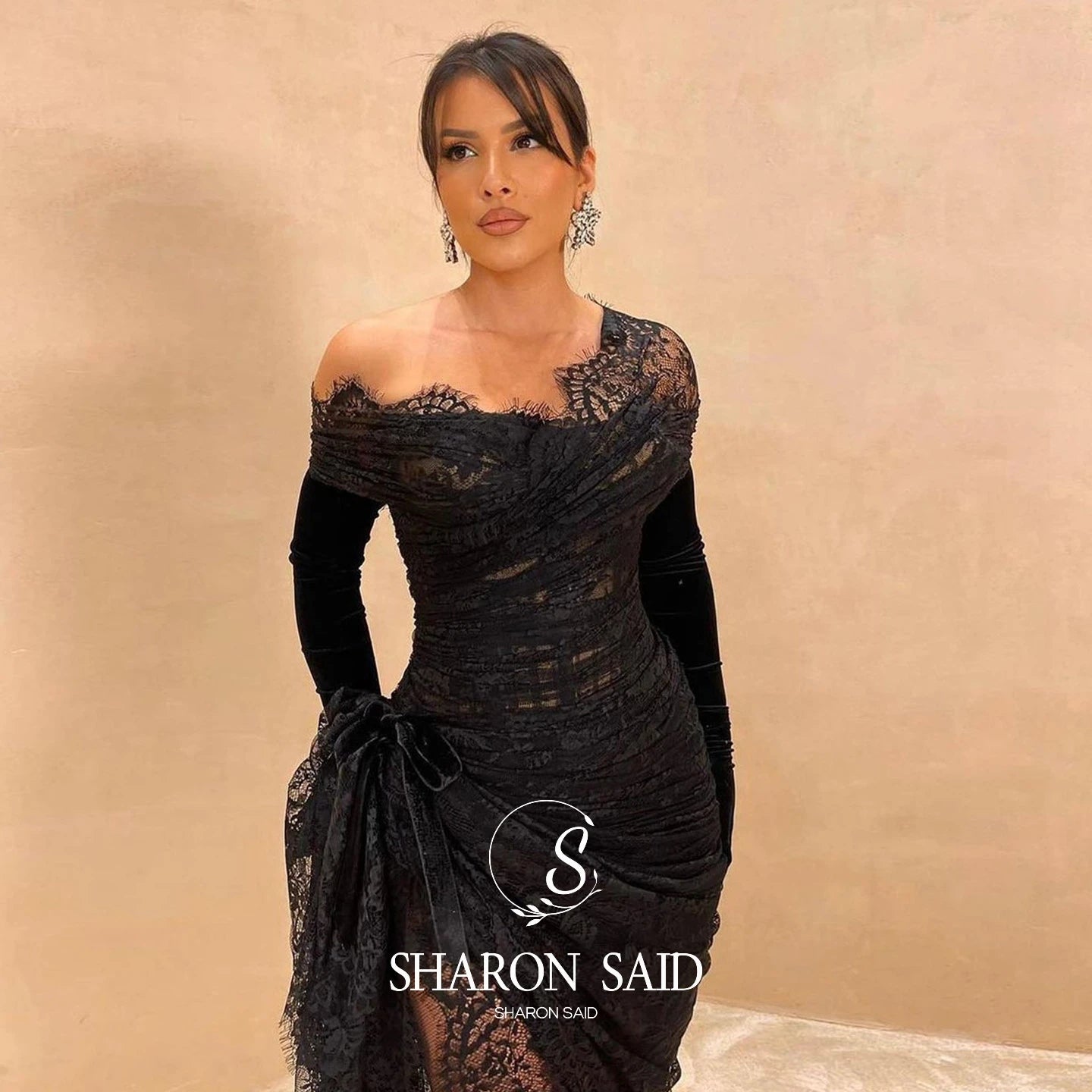 Sharon Said Custom Made Black Lace Mermaid Evening Dress with Gloves High Slit Women Elegant Wedding Party Prom Dresses SF017