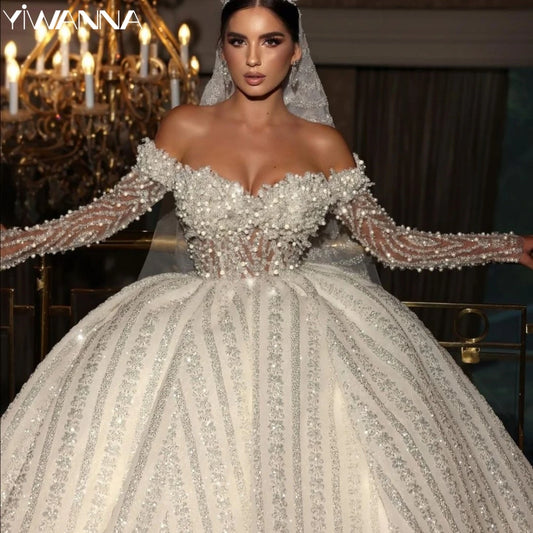 ARWEN&AJH GROUP مجموعة اروين التجاريه2024   Graceful Off The Shoulder Bridal Dress Sparkly Sequins Beads Wedding Gown 2024 Luxury Ball Gown Bride Robe