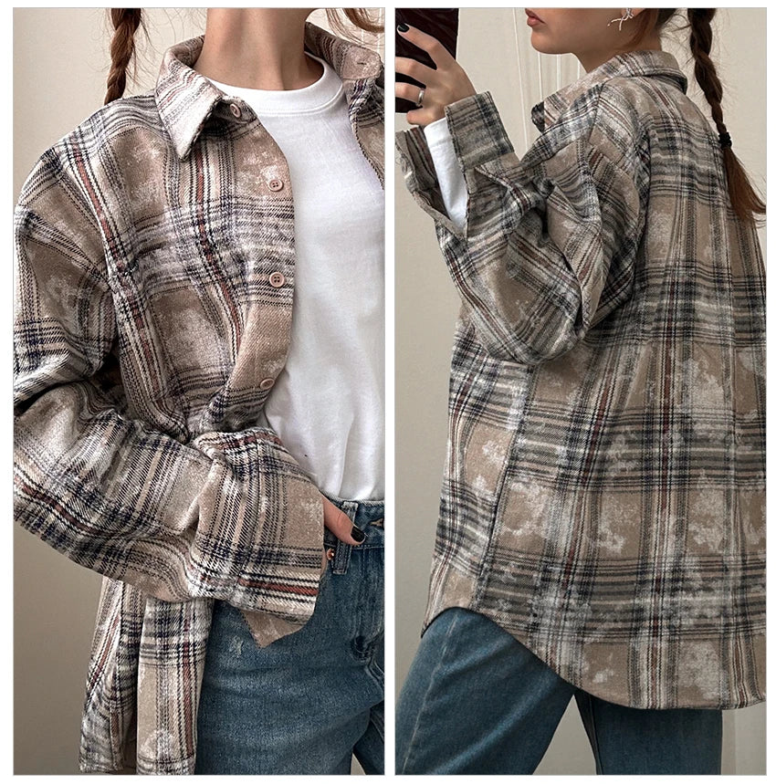 Mnealways18 Street Oversize Vintage Gingham Blouses Women Long Sleeve Classic Shirts Casual Pocket Ladies Plaid Tops Spring 2024