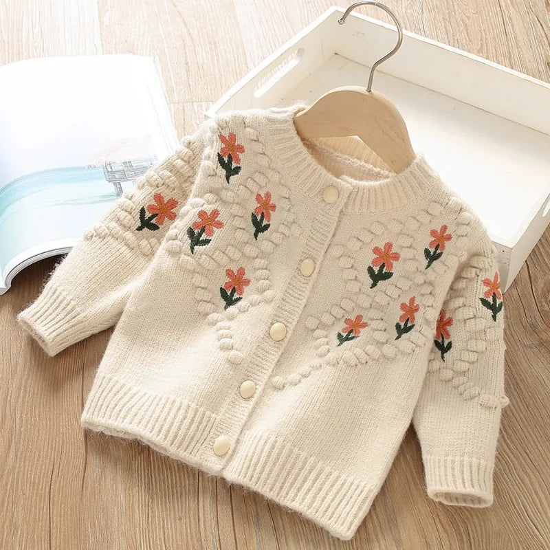 Girls' Autumn Clothes Sweet Flower Children Sweaters Embroidery Knitted Cardigan Warm Kids Outerwear Korean Baby Girl Clothes