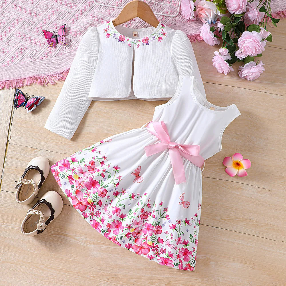 Girls Adorable Long Sleeve Clothes Cardigan & Floral Sundress Set - Soft & Stylish Two-piece Outfit for Daily Summer Adventures