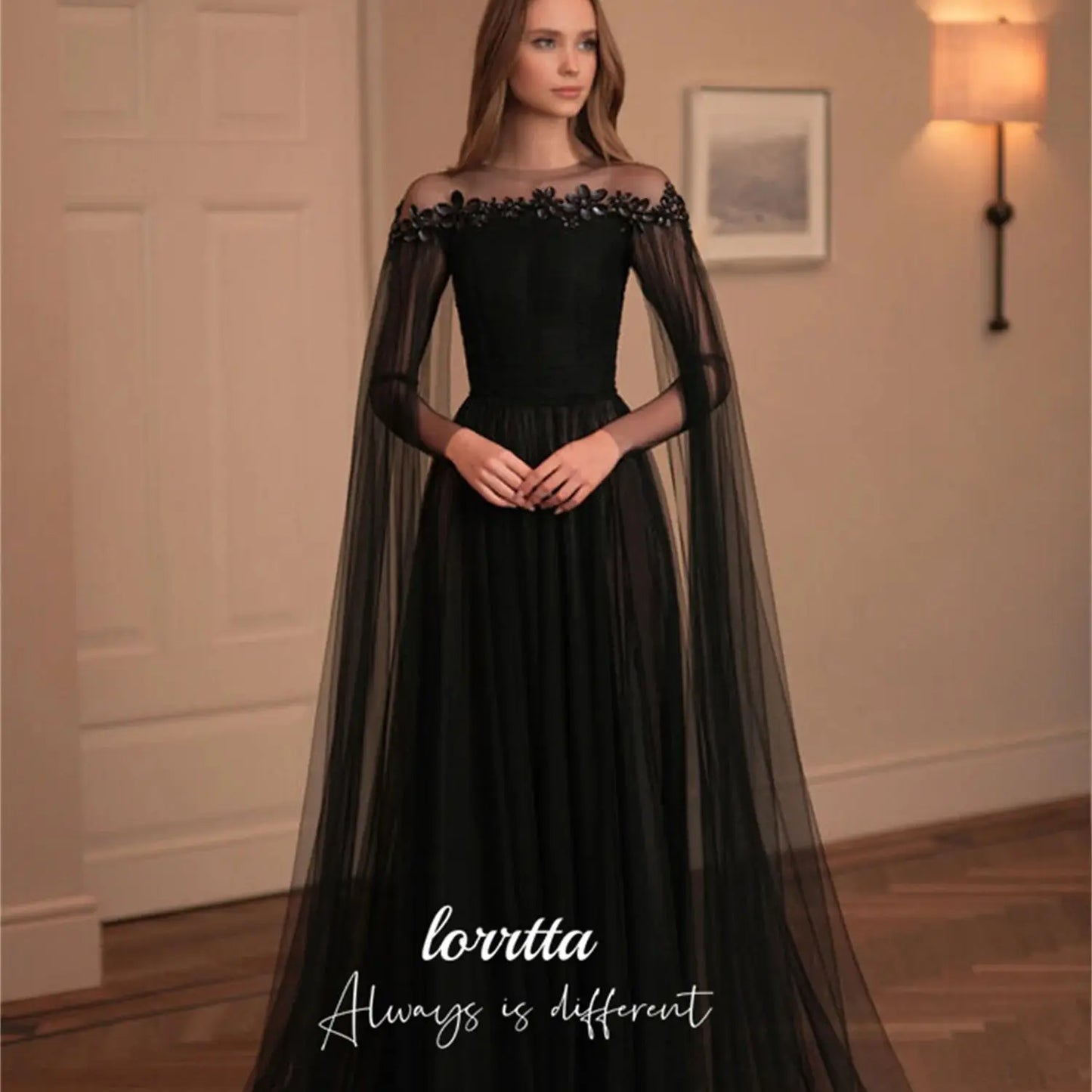 Lorrtta Three-dimensional Shiny Decoration Black Evening Dress Line A Elegant Party Dresses for Wedding Night Prom Cocktail Gala