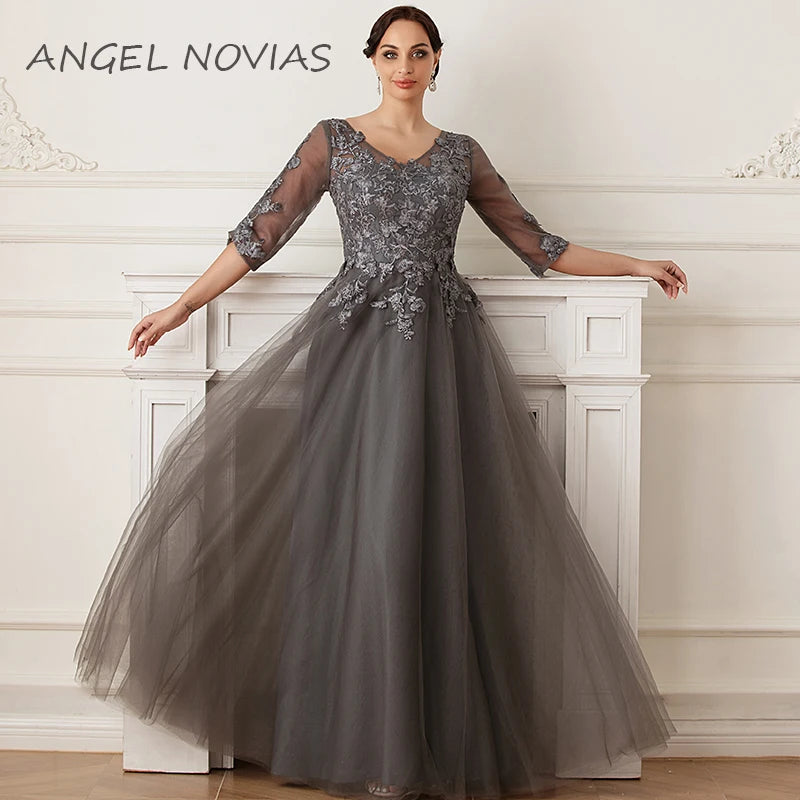 Long A Line Grey Mother of the Bride Dress with Half Sleeves Wedding Party Dress Robe Pour Ceremonie De Mariage 77086