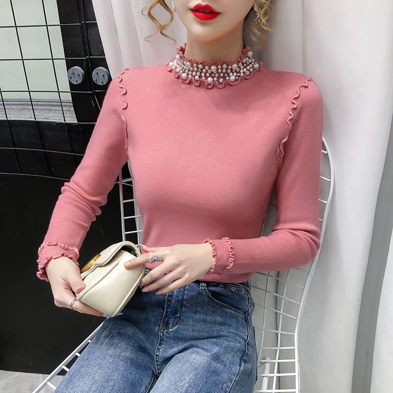 Women's Sweater Turtleneck Beading Sweater 2024 New Fashion Autumn Winter Long Sleeve Korean Pullover Women Knitwear