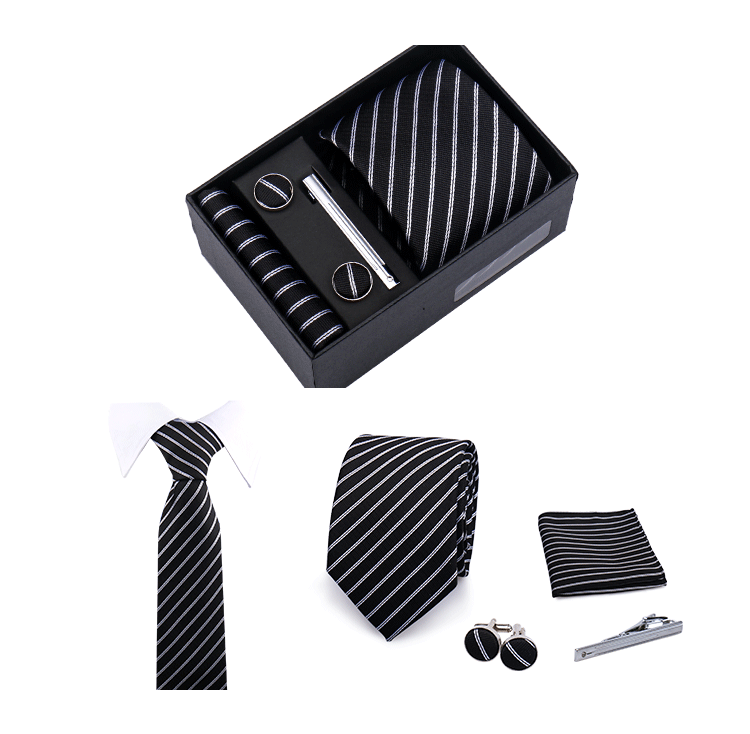 Fashion Elegant Men's Necktie Gift Box Striped Tie Handchief Cufflink Tie Clip 4 pcs Set Wedding Business Party Suit Accessories