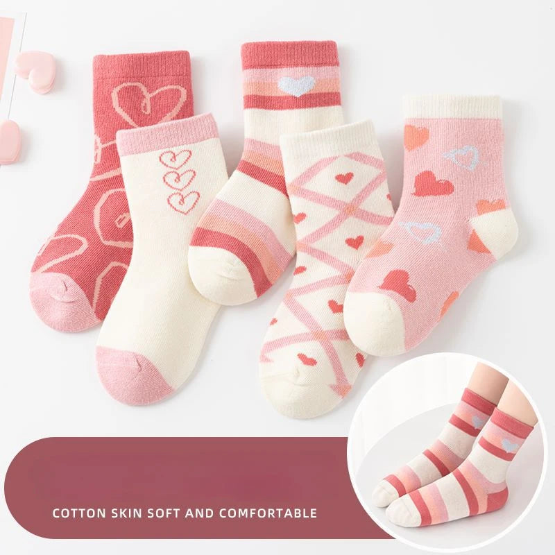 5 Pairs/Lot Kids Soft Cotton Socks Korean Love Heart Flower Print Baby Girl Socks Autumn Winter Warm Children Middle Tube Socks