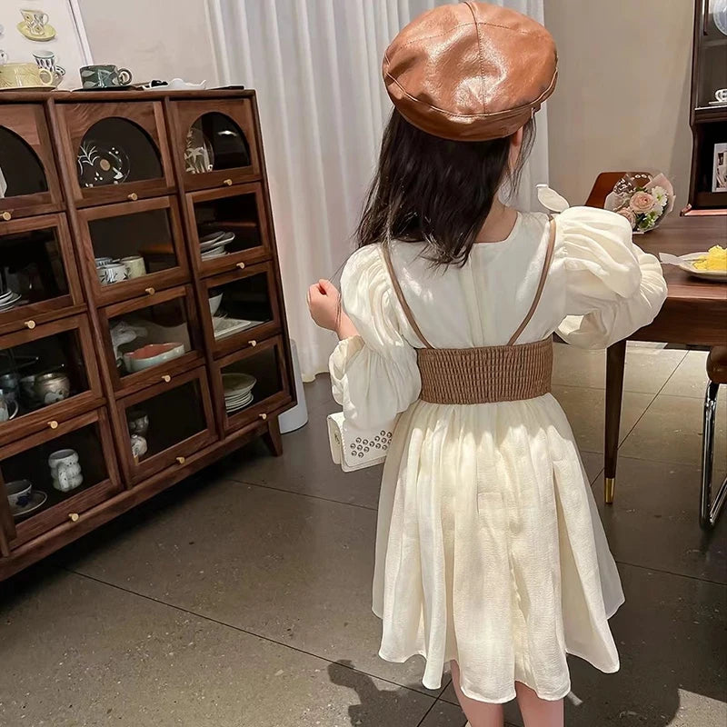 ARWEN & AJH GROUP Long Sleeve Chiffon Princess Dress + PU Leather Vest 2Pcs 2024 New Girls Dress Spring And Autumn Fashion 2-12 Years Kids Clothes