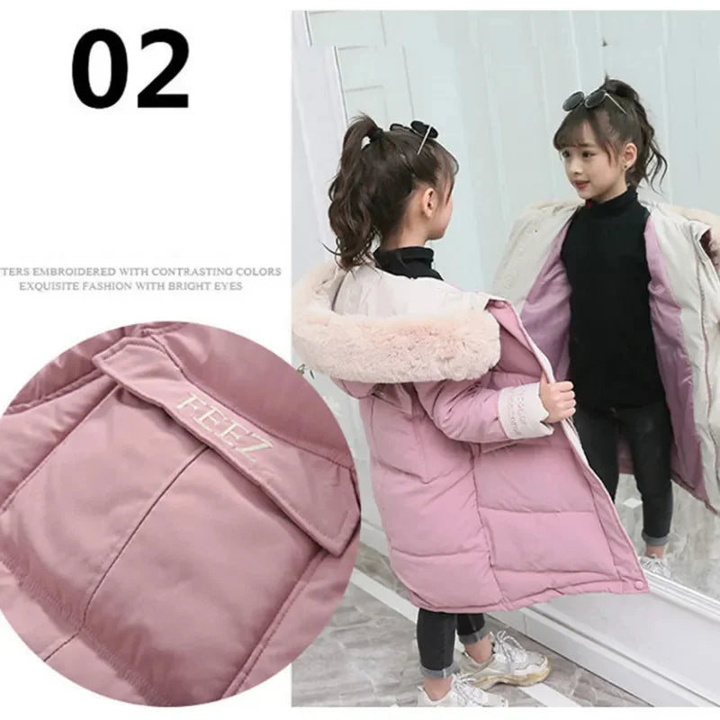 Children Winter Down Cotton Jacket 2024 New Fashion Girl Clothing Kids Clothes Thick Parka Fur Hooded Snowsuit Outerwear Coat