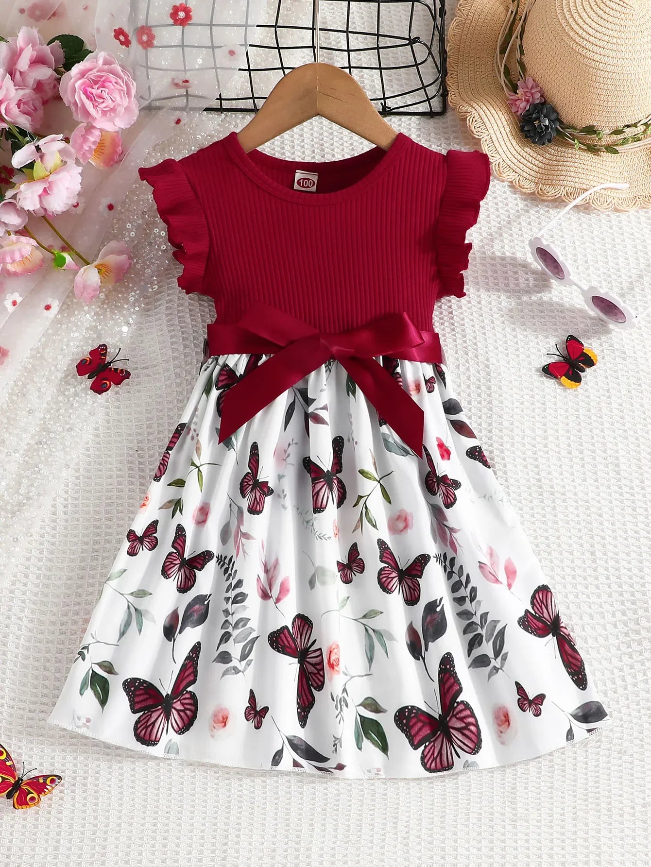 Set For Kids  Girl 3-7 Years old Ruffled Sleeve Butterfly Floral Tulle Cute Princess Formal Dresses with Belt Ootd For Baby Girl