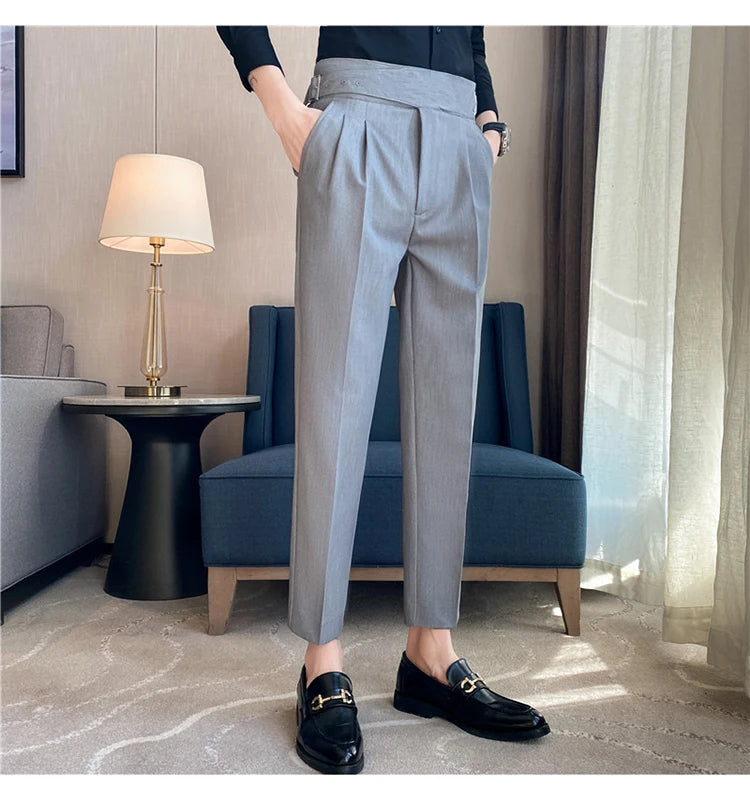 British Style Men High Waist Casual Dress Pant Men Belt Design Slim Trousers Formal Office Social Wedding Party Dress Suit Pants