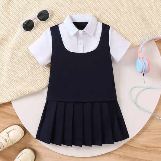 One-Piece Young Girls Short Sleeves Pleated Dress Juniors Primary Girls Pinafore School Uniform 3-7Y