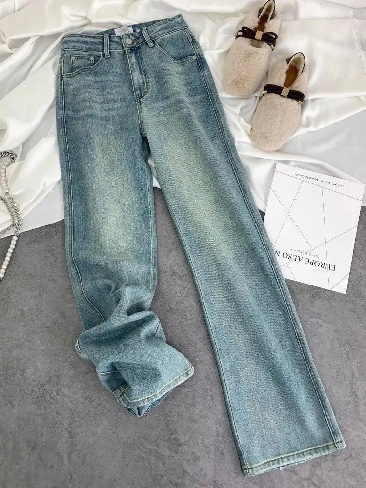 Blue Women Jeans Streetwear Vintage Fashion High Waisted Wide Leg Jean Female Trouser Letter Hip Hop Baggy Blue Denim Pants