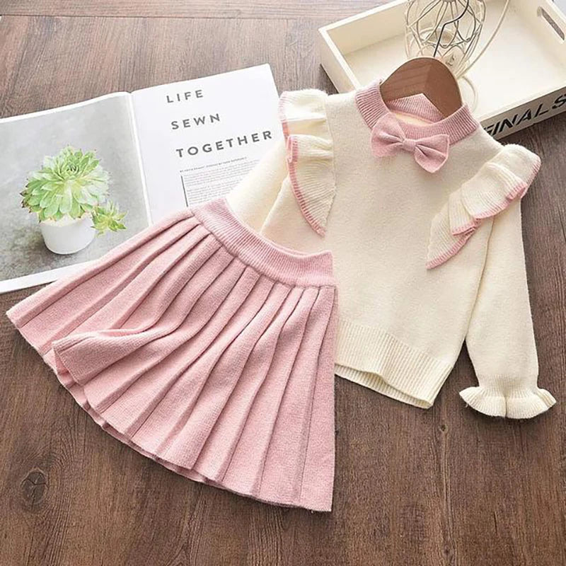 Casual Girls Dress Knitting Kids Suit Winter Long Sleeves Princess Top and Skirt 2pcs Outfits Sweater Kids Clothes