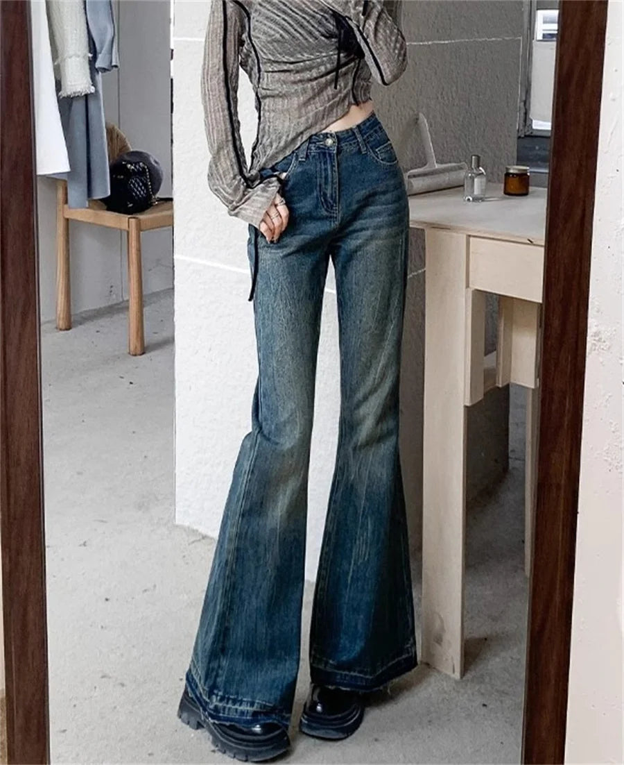 Burr Edge Design Vintage Flare Jeans High Waist Korea Casual Skinny Denim Pants New Women Streetwear Strecth Boot Cut vaqueros