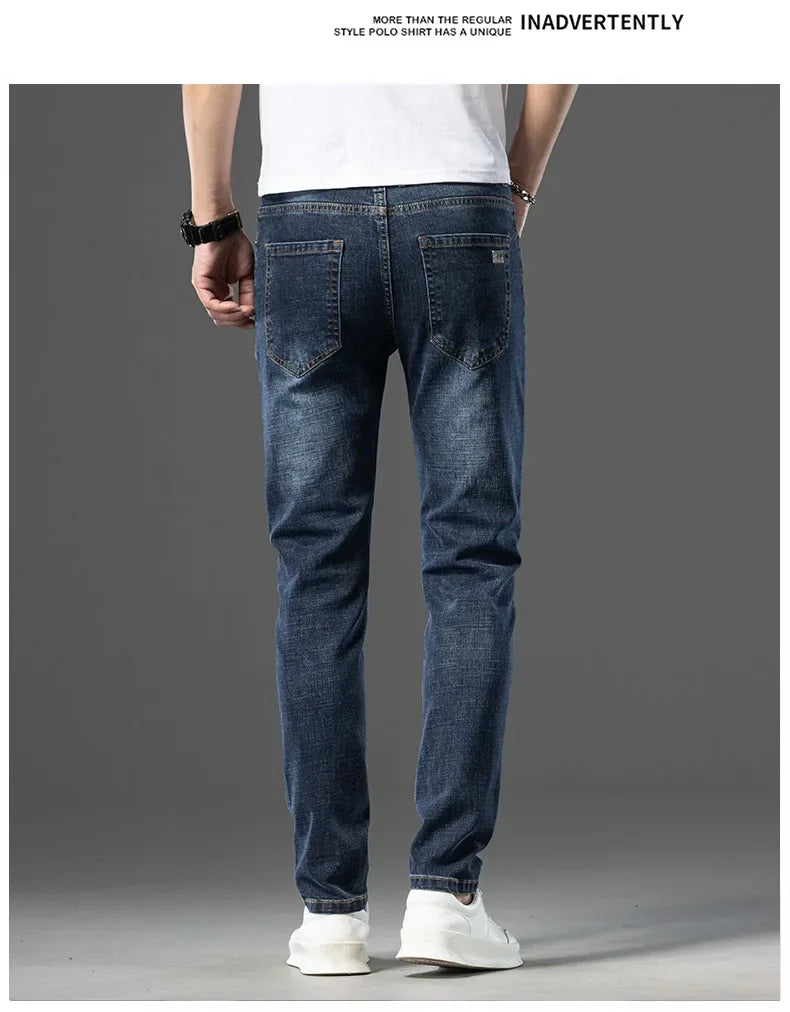 Luxury Brand Men's Jeans Slim Fit High Elasticity Versatile Blue Straight Leg Denim Trousers For All Seasons Casual Wear