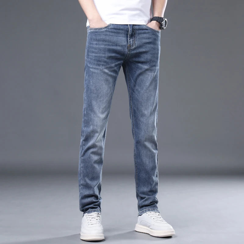 2024 summer new thin section jeans men's elastic Slim straight loose casual versatile pants men's blue light business pants