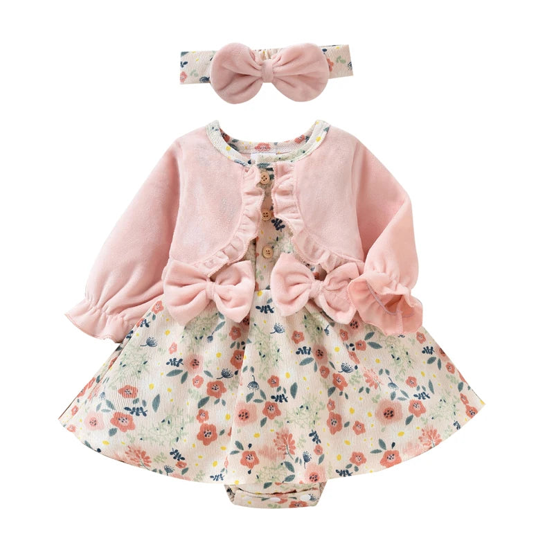 Newborn Baby Girl Casual Romper Outfits, Long Sleeve Floral Printed Patchwork Dress Style Playsuit + Bow-Knot Decor Headband Set