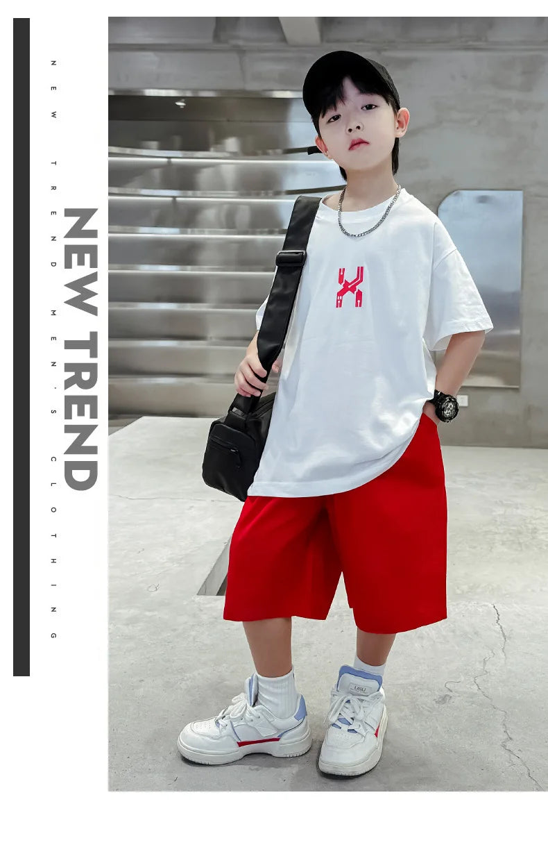 Junior Boy Summer Short-sleeved Suit Loose T-shirt + Shorts Sports Two-piece Suit Trendy Loungewear Outfit Children's Set