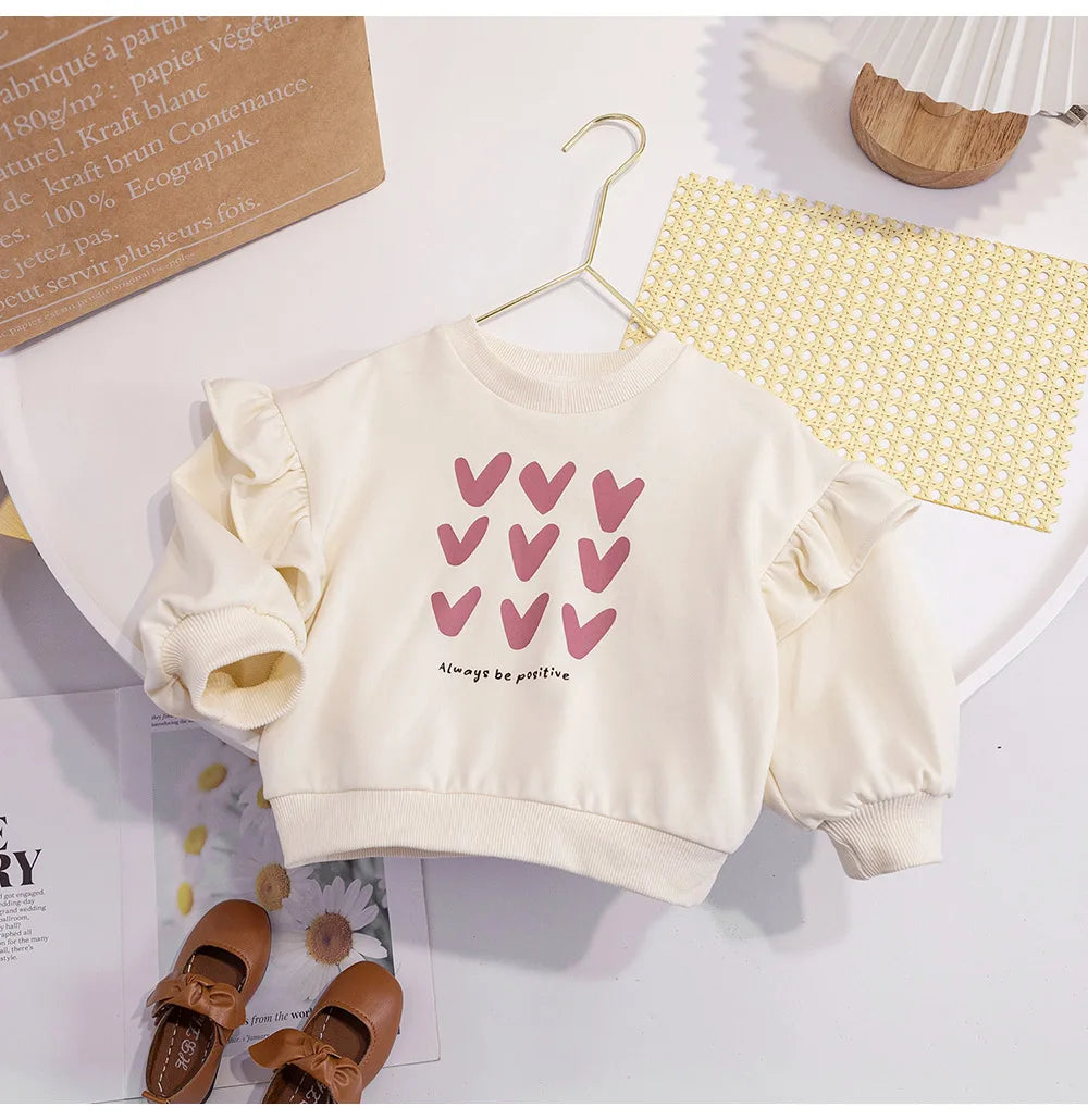 Cute Baby Girls Tops Sweatshirt Love Pattern Ruffles Long Sleeve O-Neck Pullover Kids Shirts Casual Loose Hoody Children Clothes