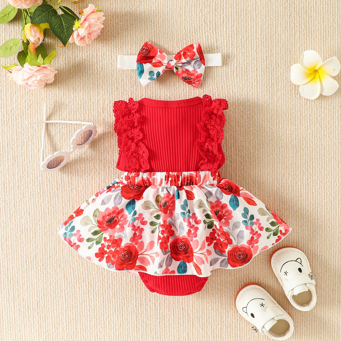 2pcs Infant Baby Girls Romper Dress Patchwork Flower Print Lace Sleeveless/Long Sleeve Crew Neck Front Bowknot Jumpsuit Headband