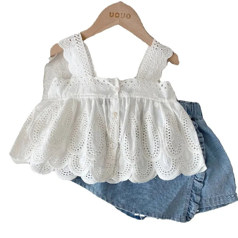 Girls Summer Suit White Suspender Top + Denim Shorts Two-piece Set Casual Simple Style Lace Loungewear Outfit