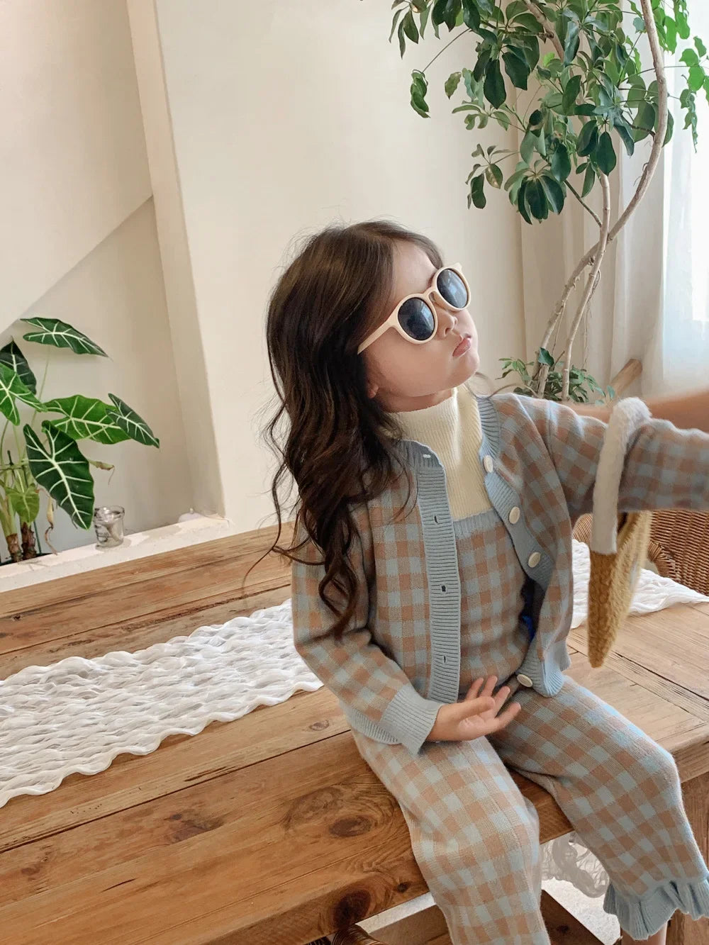 Children Clothing Set 2024 Autumn New Fresh Plaid Girl's Knitted Set Sweater Cardigan +Vest+Pant Sweet Three Piece Suit