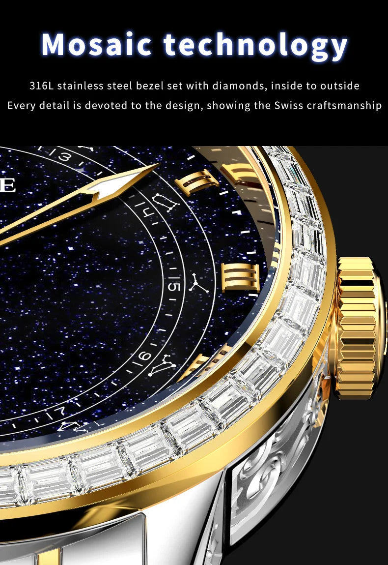 OUPINKE Original Automatic Mechanical Watch for Men Star Diamond Design Luminous Waterproof Mens Wristwatch Luxury Montre Homme