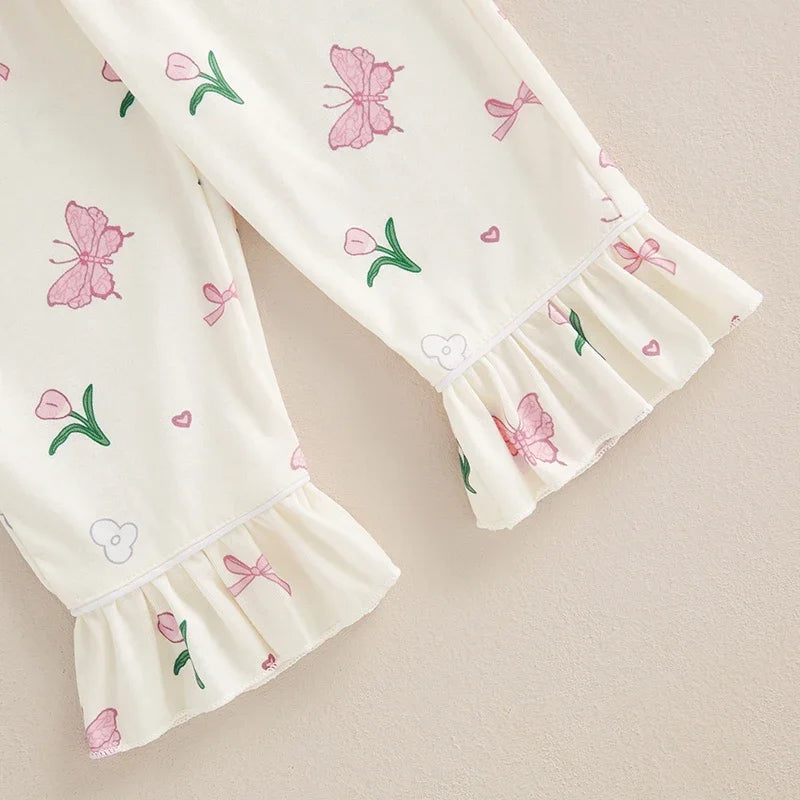 Fashion Children Kids Baby Girls Pajama Sets Strawberry/Butterfly Print Ruffles Long Sleeve Button Shirts Tops Pants Loungewear