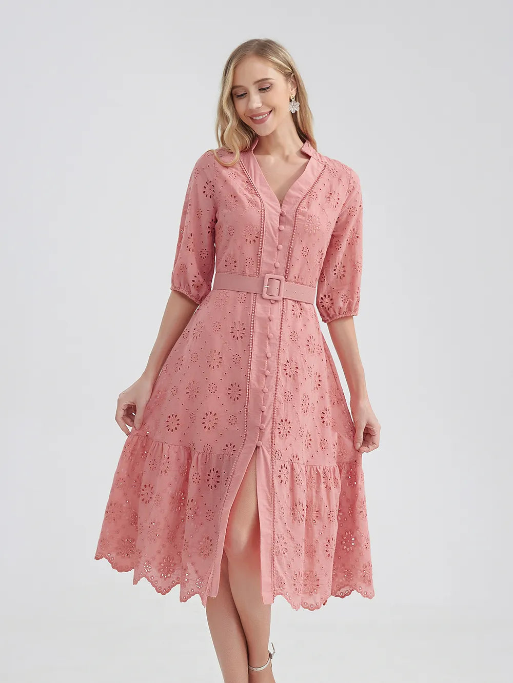 ARWEN & AJH GROUP  Cotton Hollow Out Summer Dress Women Holiday   Casual High Waist Ruffled Mini V-Neck Dresses A-line Frills