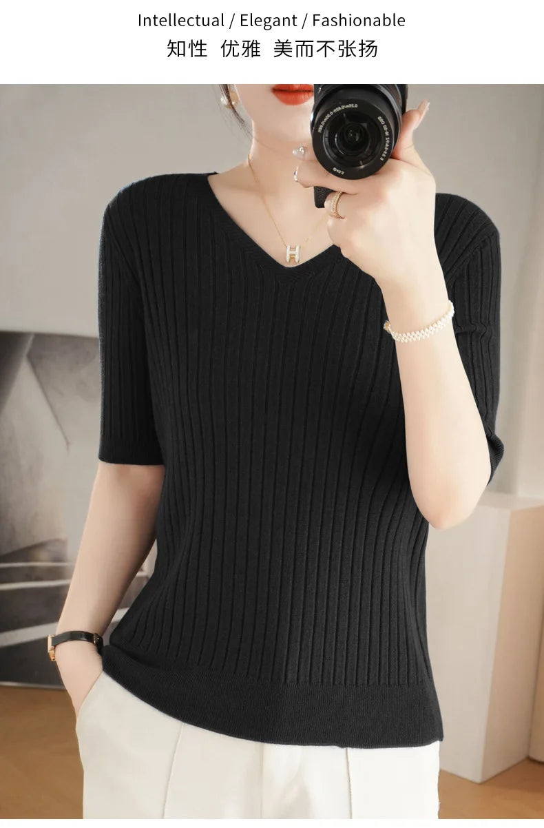 2024 new Women's Clothing Pullovers Sweaters Spring Summer New V-neck Short sleeved Knitted Shirt Base Shirt Solid Color Jumpers